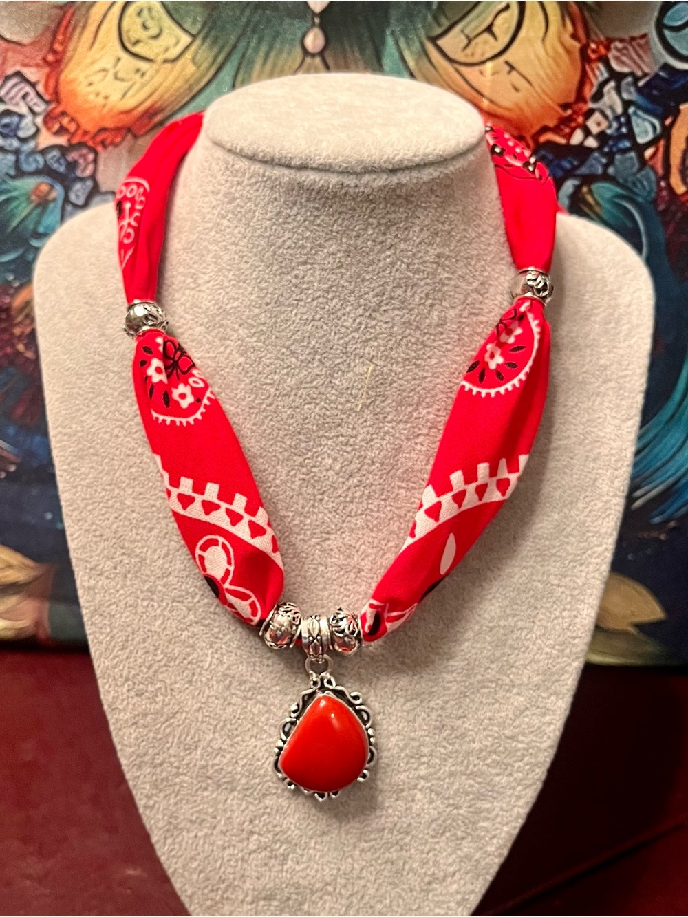 Red Bohemian Bandana Scarf Necklace with Red Coral